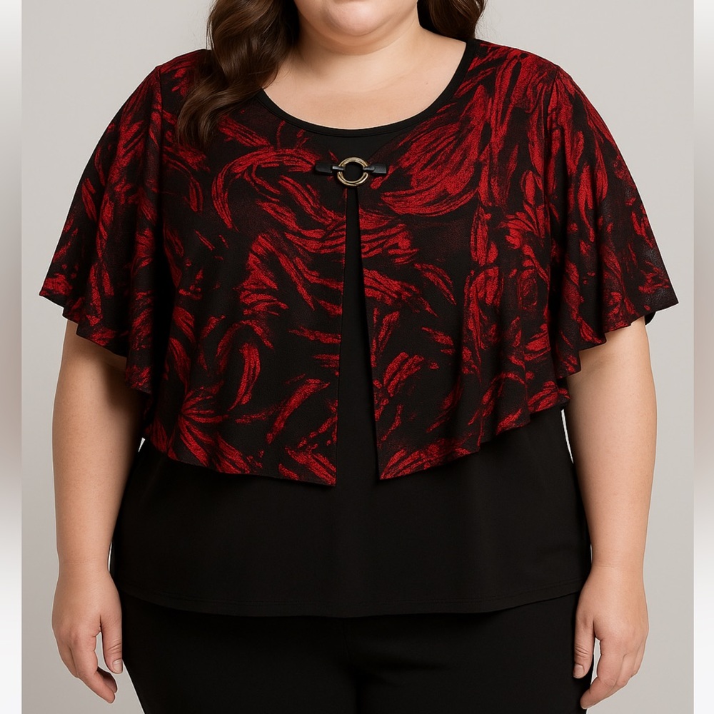 NEW-Plus Size Women’s Stretchy Elegant Red and Black Blouse Top  with Capelet